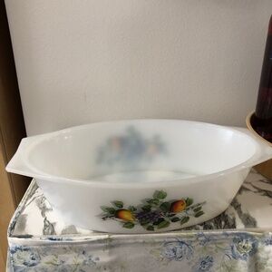 Vintage Arcopal fruits de France oval milk glass casserole dish, no lid